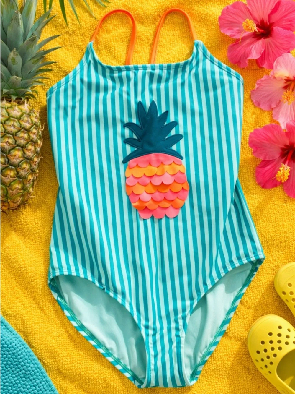 Cat & Jack Girls' Teal Stripe Pineapple One-Piece Swimsuit with Orange Straps